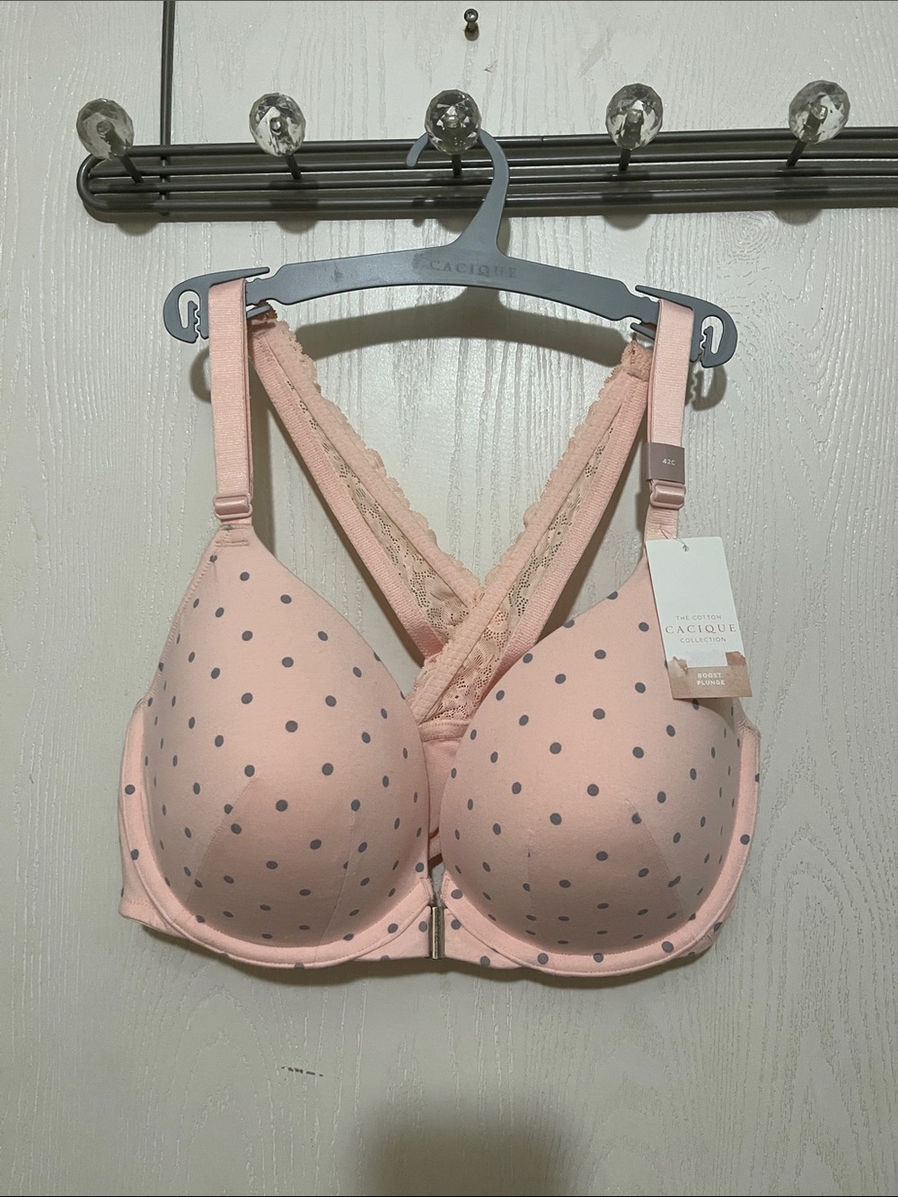 Cacique Peach Pink Polka Dot Front-Close Molded Bra 42C Brand New